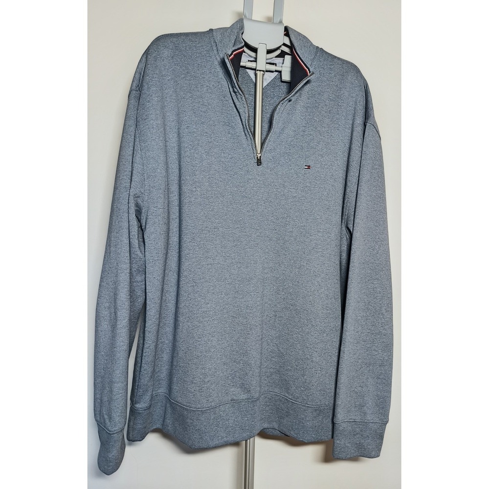 Tommy Hilfiger Mens XXL Quarter Zip Pullover Heather Blue Gray Mock Neck Sweater - Picture 2 of 7